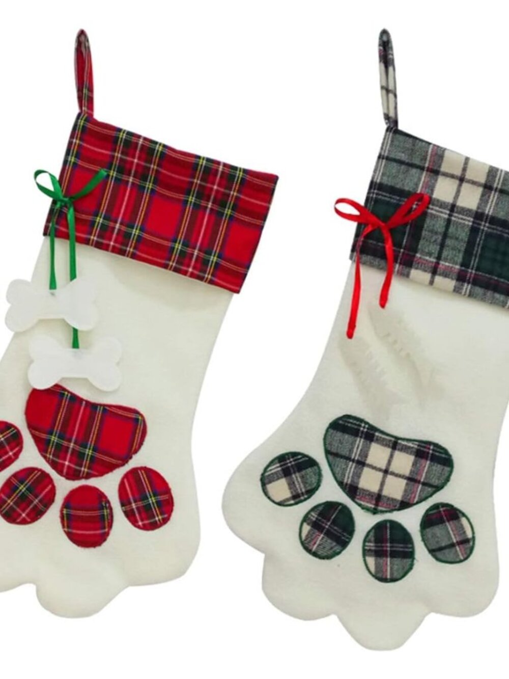 Cat Paw Christmas Stockings, Plush & Plaid Hanging Socks for Holiday and Christm